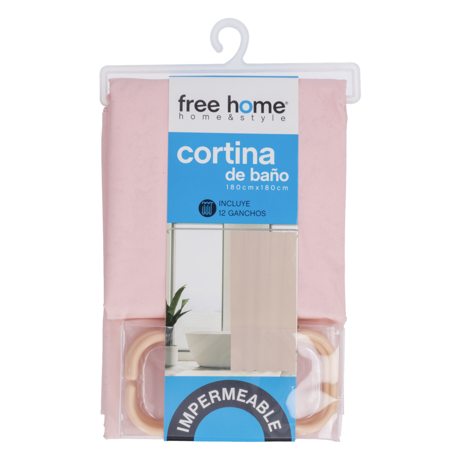 Cortina De Baño Con Ganchos Color Rosa FREE HOME 180X180 CM