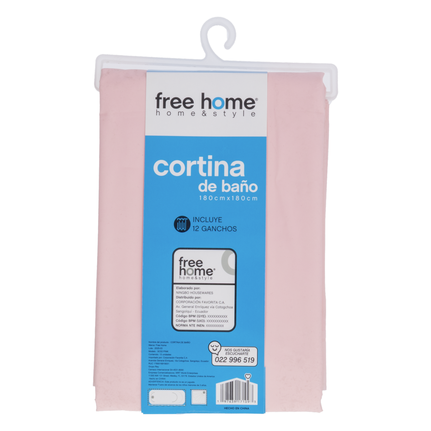 Cortina De Baño Con Ganchos Color Rosa FREE HOME 180X180 CM - Imagen 3
