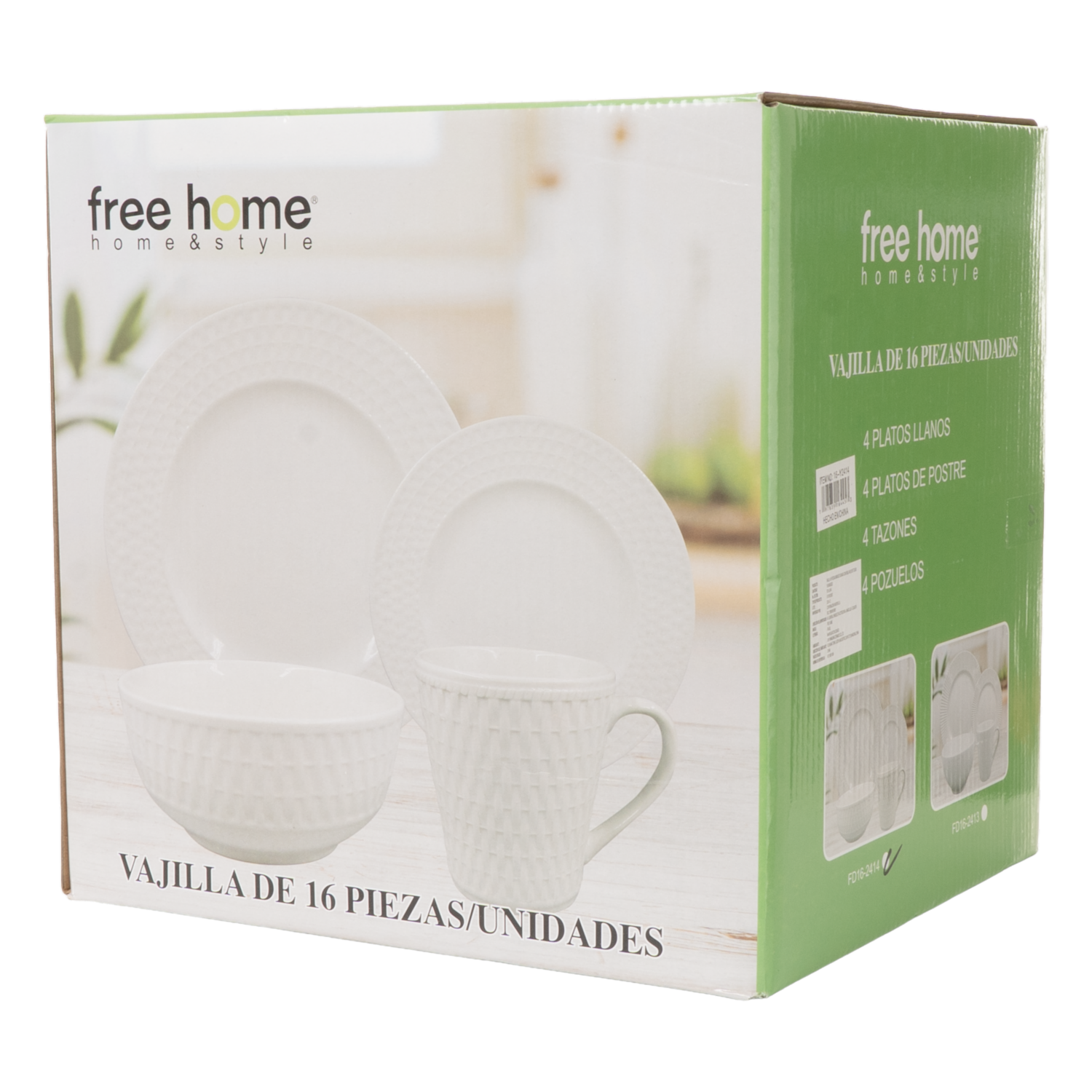 Vajilla Blanca Con Orilla Relieve Tejido FREE HOME 16 Piezas