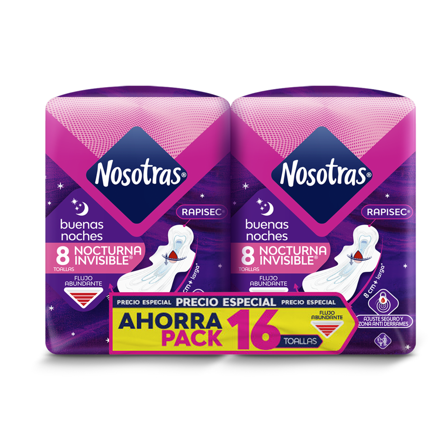 Toallas Sanitarias Pack Buenas Noches Invisible 2X8 U Precio Especial. NOSOTRAS 1 X 16 Unidades