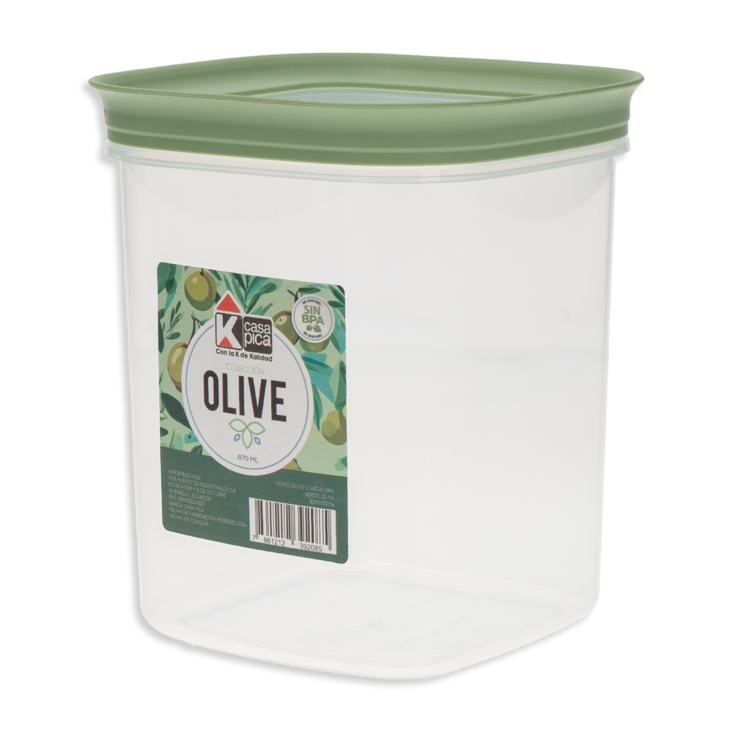 Frasco Pomo Cuadrado Línea Olive Verde CASA PICA Unidad