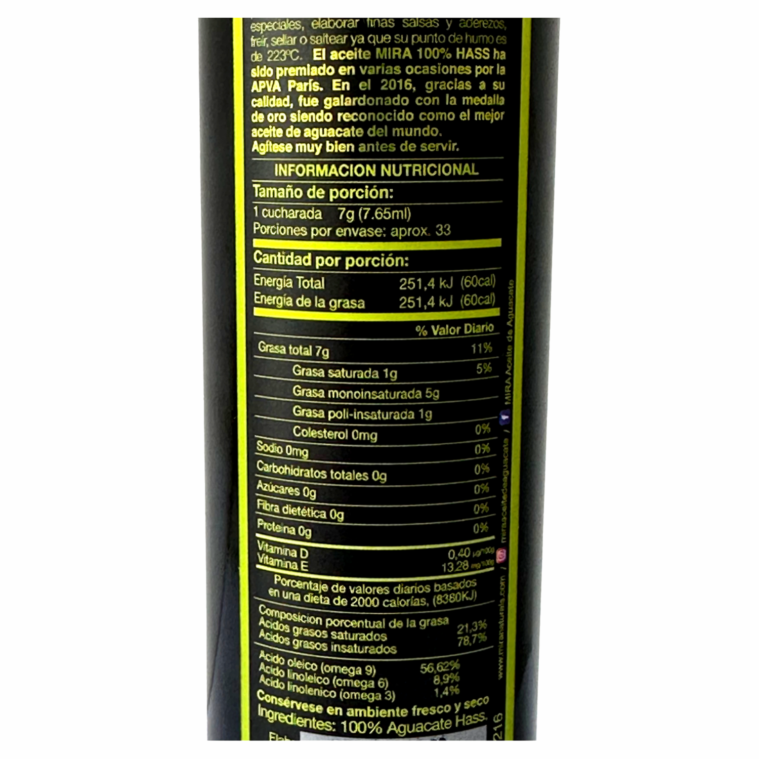 Aceite De Aguacate Hass 100% Extra virgen MIRA 250 Ml