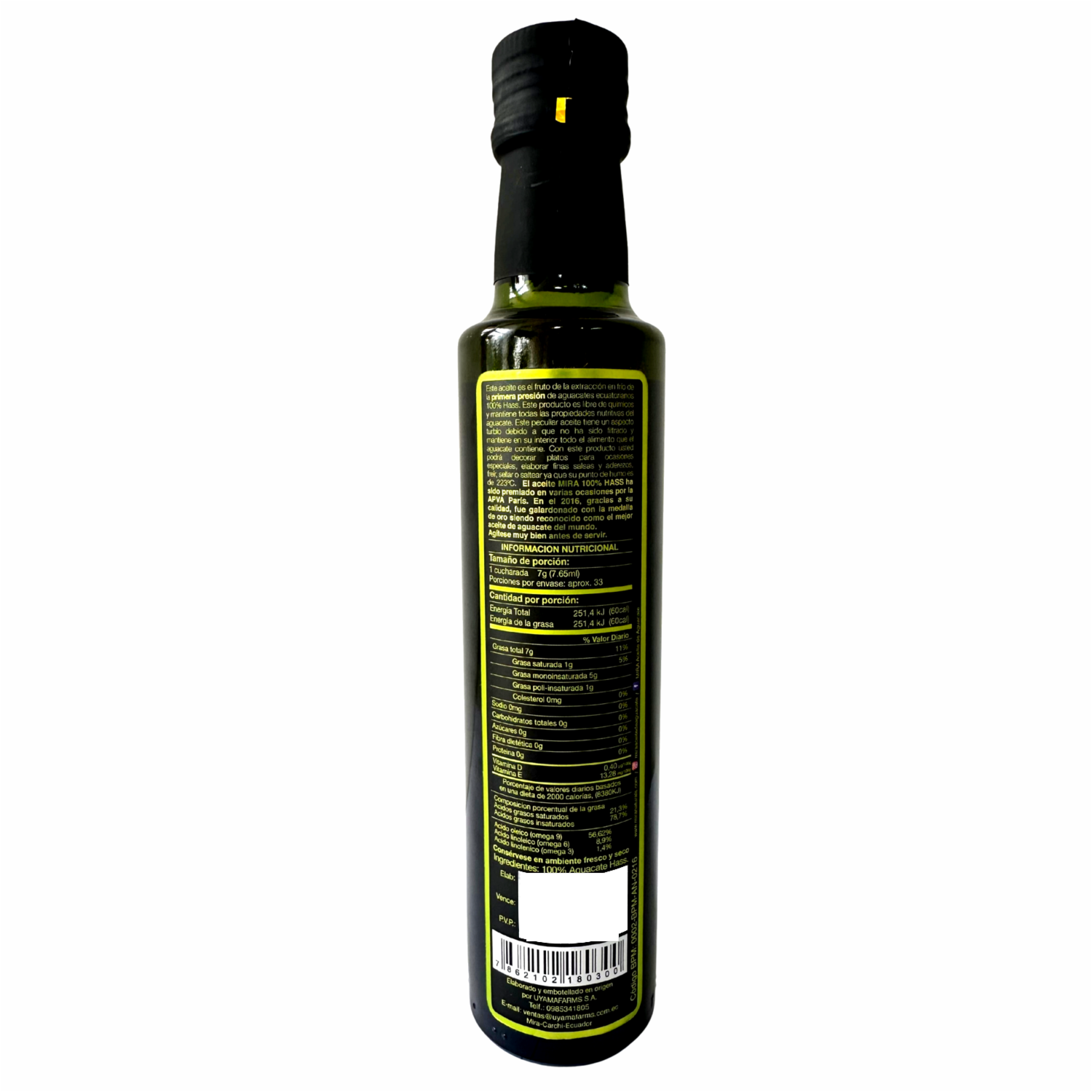Aceite De Aguacate Hass 100% Extra virgen MIRA 250 Ml